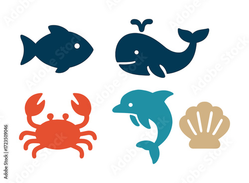 Colorful marine animal icons: fish, whale, crab, dolphin, shell
