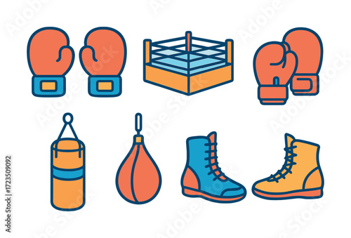 Colorful boxing equipment illustration with gloves, ring, and punching bags