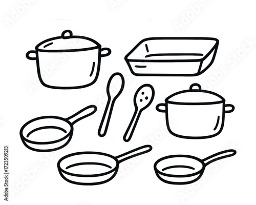 Black and white kitchen cookware illustrations of pots, pans, and utensils