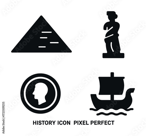 Ancient history icons: pyramid, statue, coin, ship silhouettes in black and white