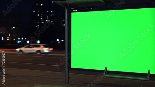 Nighttime Bus Stop Billboard Mockup with Green Screen for Advertisement