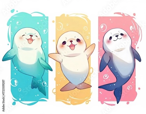 3匹の元気なアザラシの漫画風イラスト
