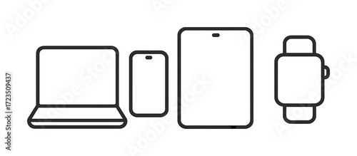 Outline icons of laptop, smartphone, tablet, and smartwatch on white background