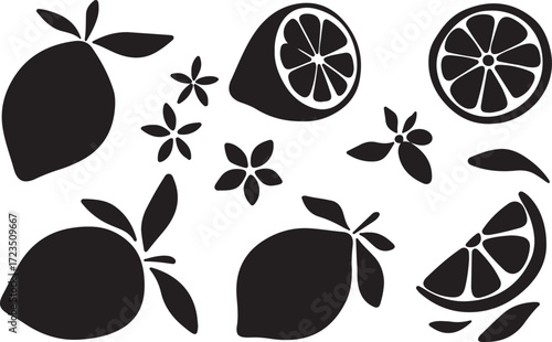 Lemon silhouettes collection whole halved and sliced lemons with leaves and flowers
