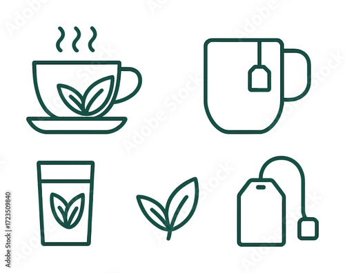 Tea icons: mug, teacup, glass, leaves, teabag symbols