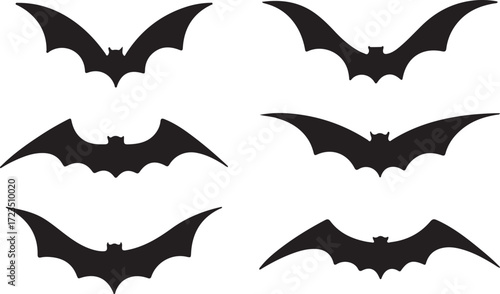 A set of silhouette bats for halloween simple vector flat black and white illustration
