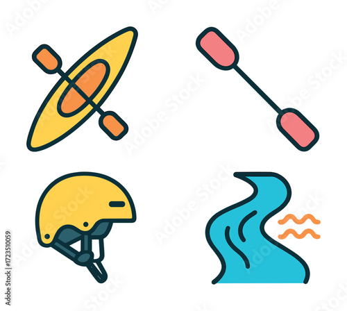 Kayaking adventure essentials: kayak, paddle, helmet, river icons for outdoor enthusiasts