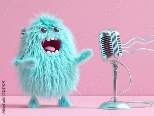 Cute furry monster singing into a shiny microphone on pink backdrop