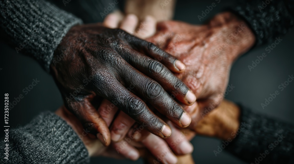 Fototapeta premium Unity and solidarity represented by diverse ethnic hands joined together