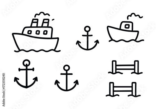 Hand-drawn nautical icons: ships, anchors, and waves in simple black line art
