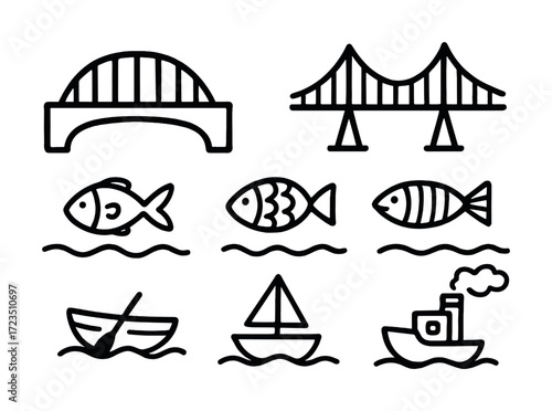Black and white bridge and fish illustrations with boats