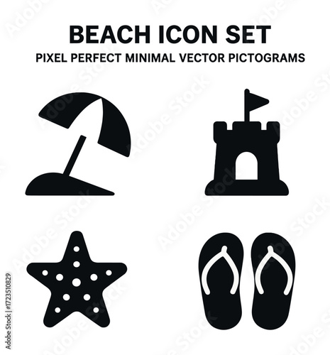 Beach icon set with umbrella, sandcastle, starfish, flip-flops - minimal vector pictograms