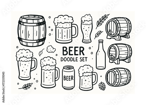 Black and white beer doodle set with barrels and glasses