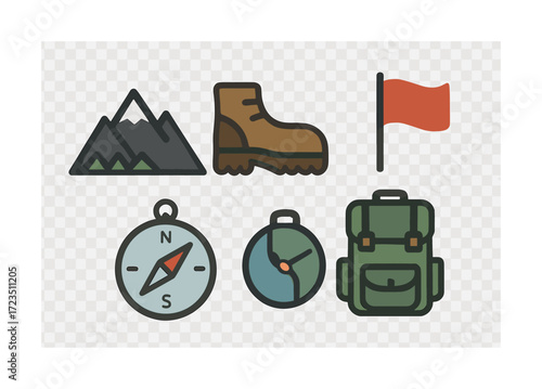 Outdoor adventure icons: mountains, hiking boot, red flag, compass, backpack for trekking