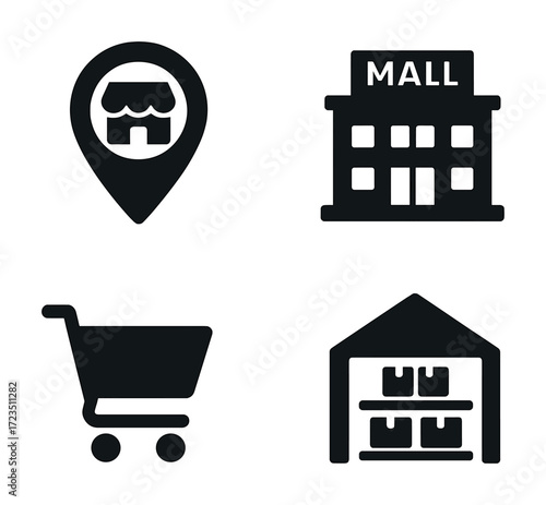 Shopping icons set: store locator, mall, shopping cart, warehouse symbols