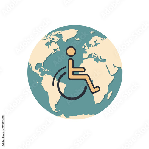 Wheelchair symbol over globe representing global accessibility  