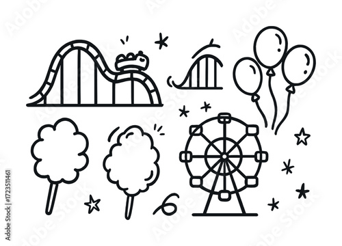 Amusement park doodle: roller coaster, ferris wheel, cotton candy, balloons