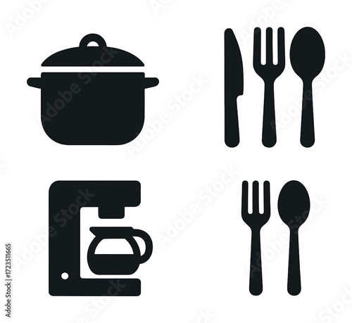 Kitchen utensil icons: pot, cutlery, coffee maker, fork and spoon