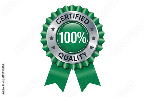 A green certified quality badge with stars and ribbons on a black background showing one hundred percent on transparent background