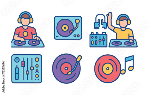 Colorful dj icons featuring turntables, mixers, and headphone-wearing djs