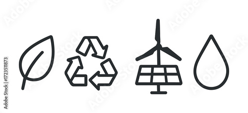 Eco-friendly icons: leaf, recycling, wind solar power, water drop