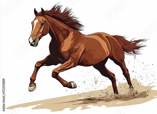 茶色の馬が砂浜を走る姿を写実的に描いたイラスト