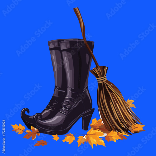 Close-up of a pair of shiny black witch boots and a straw broom set against a vibrant blue background with scattered autumn leaves	