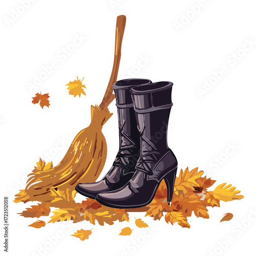 Pair of classic black pointed witch's boots resting beside a straw broom and scattered fall leaves, signifying a magic or Halloween theme	