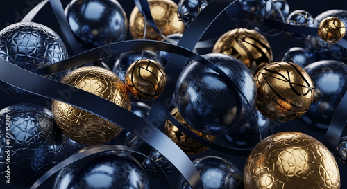 Abstract image of gold and dark blue metallic spheres interwoven with dark blue ribbons, creating a luxurious and dynamic composition suitable for design or presentation background