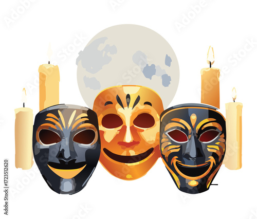 Set of three ominous tribal Halloween masks illuminated by soft moonlight and candles, creating a spooky and ritualistic festive scene	