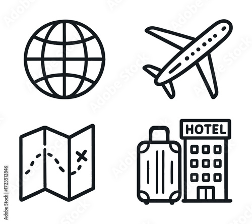 Travel icons: globe, airplane, map, luggage, hotel