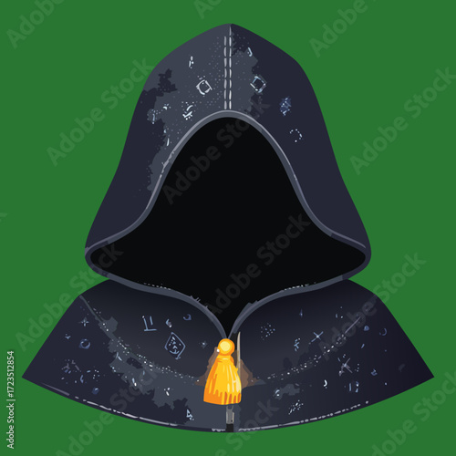 Sinister black hooded cowl with a subtle glow of a hidden lantern or magic light, suggesting a dark wizard or secret keeper character	