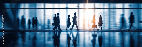 Silhouettes of business people walking through modern glass terminal, motion blur emphasizing speed and direction