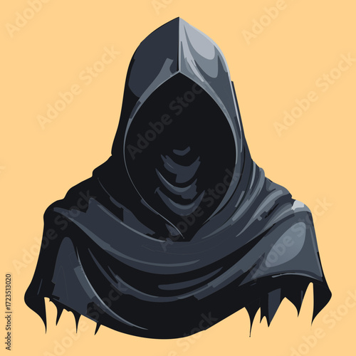 Ominous black hooded figure shrouded in shadow, creating a chilling minimalist silhouette perfect for horror, mystery, or gothic themes	
