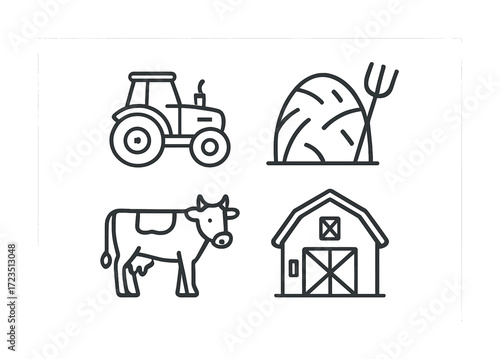 Farm elements icon set featuring tractor, hay, cow, and barn