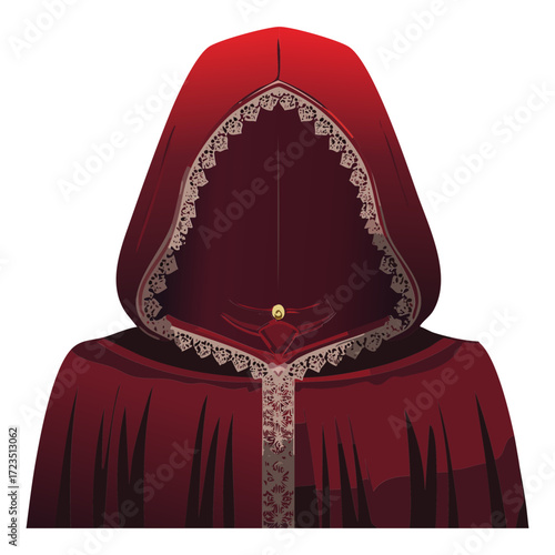 Detailed illustration of a dramatic red hooded cloak with intricate lace trim, evoking a mysterious and fantastical gothic medieval atmosphere	