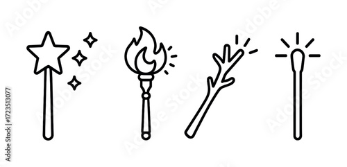 Magic and fantasy: star wand, fire torch, branch, spark stick icons