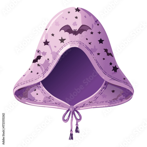 Detailed illustration of a spooky purple hooded cape or cowl, featuring black bats and an adjustable drawstring, ideal for Halloween costume designs	