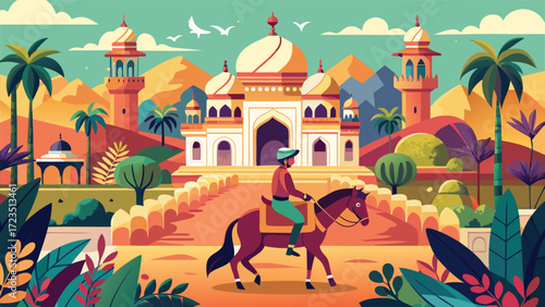 A man on horseback poses in front of a decorative gate..eps