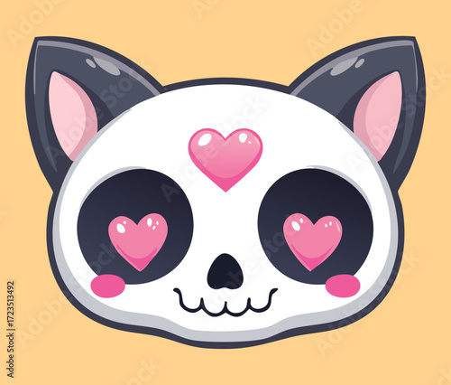 Adorable black cat-skull hybrid illustration with cute heart eyes, a sweet pink nose, and pointy ears, perfect for a whimsical Halloween or gothic design	