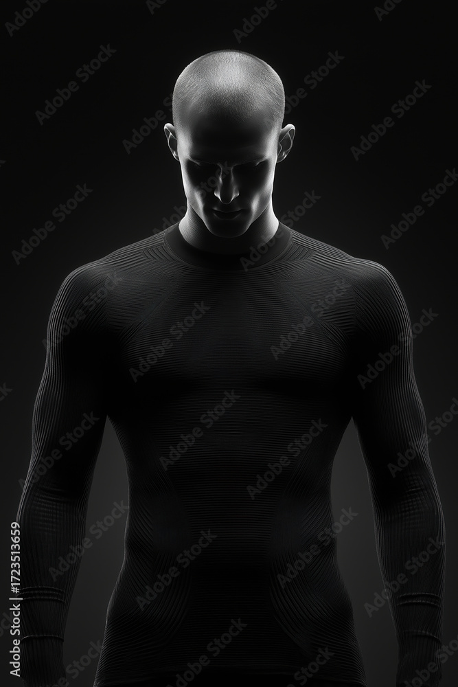 Naklejka premium High-tech base layer long sleeve in graphite black with ribbed pressure zones and seamless weave transitions, modern industrial backdrop