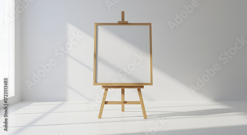 Clean framed poster mockup presented on easel in bright studio with soft minimal shadows