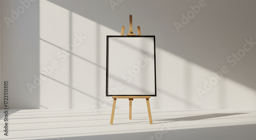 Poster frame mockup resting on easel inside bright studio with clean minimal design