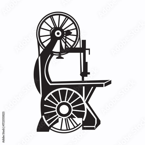 Black and white illustration of a vintage band saw machine isolated on white background
