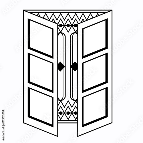 Black and white illustration of an open ornate door with multiple panels isolated on white background