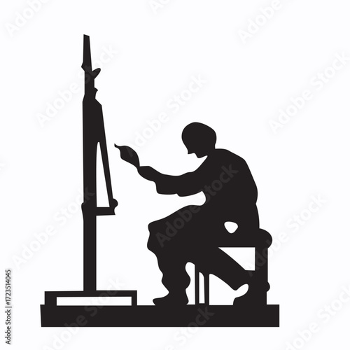 Silhouette of an artist painting on a canvas at an easel, isolated on white background
