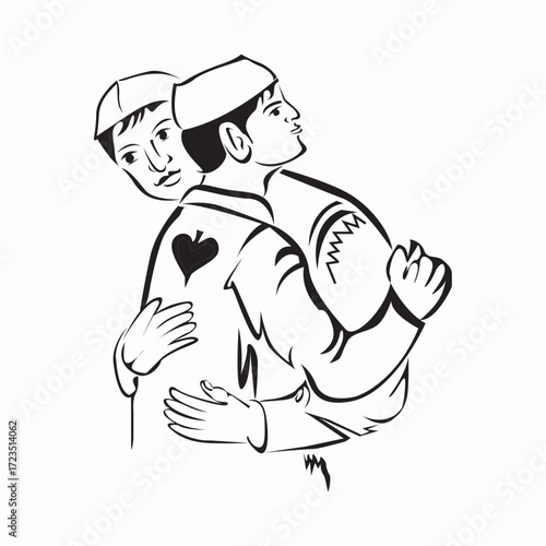 Black and white illustration of two men embracing