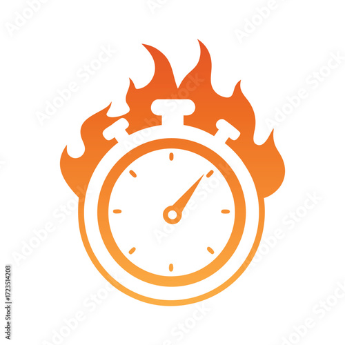 Stopwatch on fire with orange flames and white background timer time