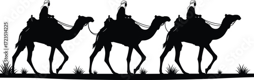Camel caravan silhouette in desert, traditional Middle Eastern riders, cultural travel scene, nomadic lifestyle, black and white vector illustration, sparse vegetation, reins, saddles