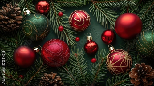 Festive Ornaments and Pine Cones on a Green Holiday Background